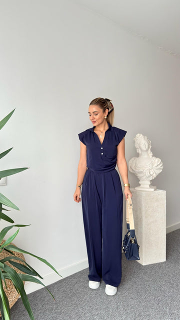 Navy Blue Utaka Elastic Waist Trousers