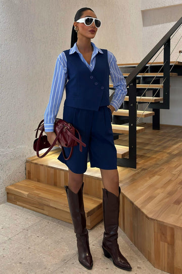 Vest Suit with Cross Buttons and Bermuda Shorts Blue