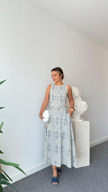 Navy Blue Linen Patterned Skirt Suit