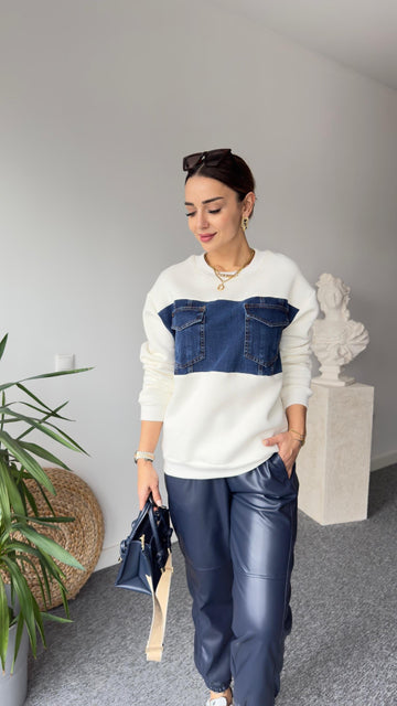Twst Model Denim Detail White Sweat