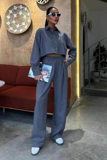 Striped Suit with Crop Shirt Grey