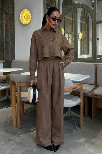 Striped Suit with Crop Shirt Brown