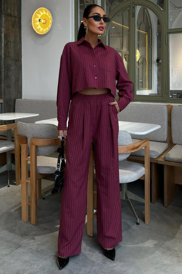 Striped Suit with Crop Shirt Wine