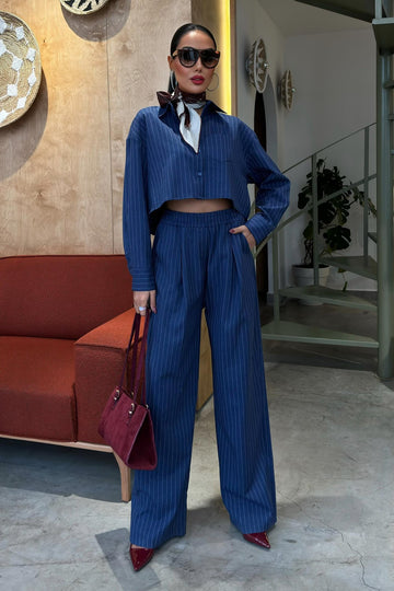 Striped Suit with Crop Shirt Blue