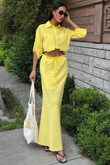 Crop Shirt and Pleated Skirt Design Suit yellow