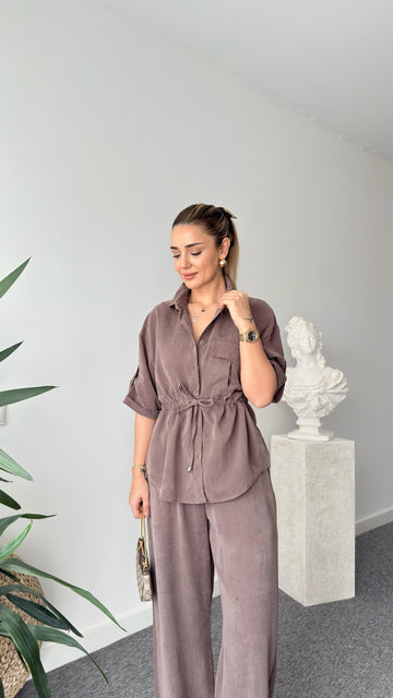 Brown Neva Waist Pleated Tencel Suit