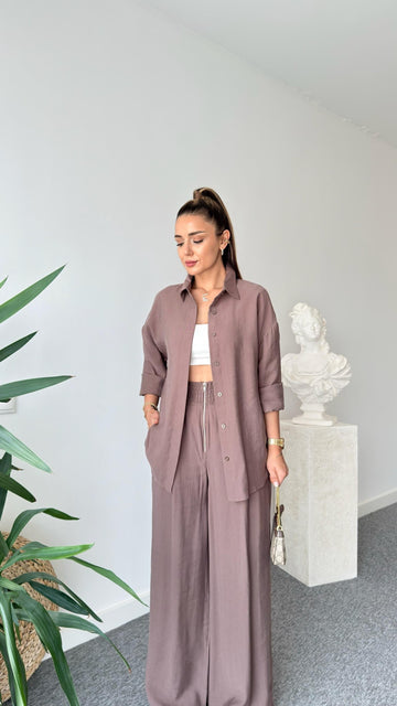 Brown Blue Zipper Detailed Tencel Suit