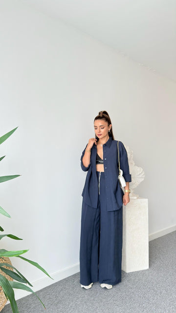 Navy Blue Zipper Detailed Tencel Suit