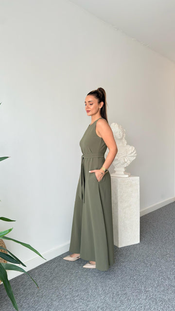 Carta Belted Khaki Wide Leg Jumpsuit