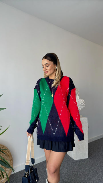 Red and Green Diamond Patterned Sweater
