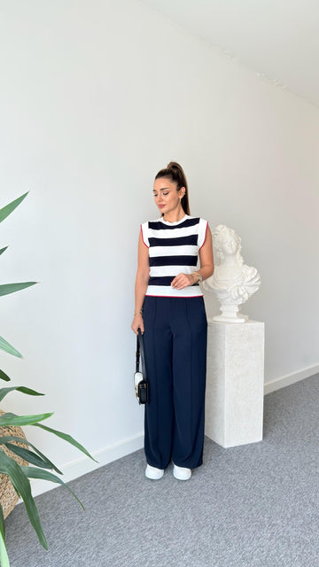 Navy Blue Fleto Pocket Wide Leg Trousers