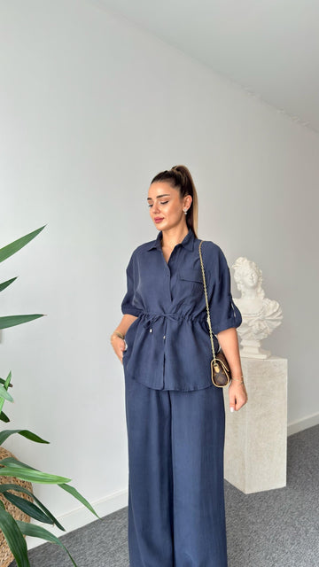 Navy Blue Breva Waist Pleated Tencel Suit