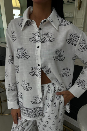 Ethnic Patterned Two-Piece Linen Suit white