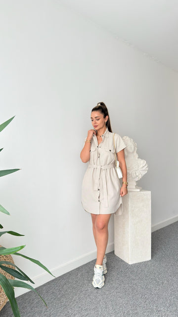 Beige Heren Belted Gabardine Dress