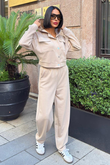 Mesh Detailed Hooded Modal Suit Beige