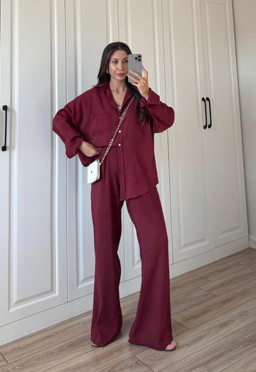 Fina Oversize Premium Linen Burgundy Suit Set