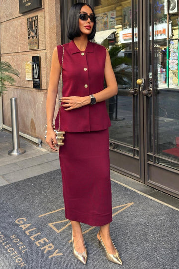 Gold Button Detailed Vest Midi Suit maroon