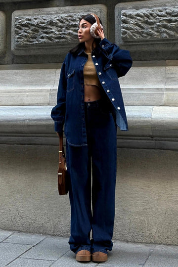 Shirt and Palazzo Trousers Classic Denim Suit Dark Blue