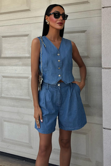 Silver Buttoned Vest and Shorts Tencel Set Light Blue