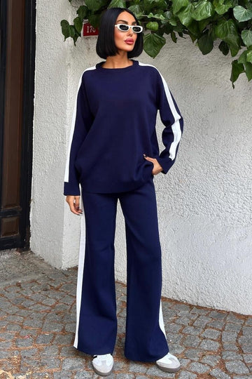 Comfortable Knitwear Set with Striped Edges Blue