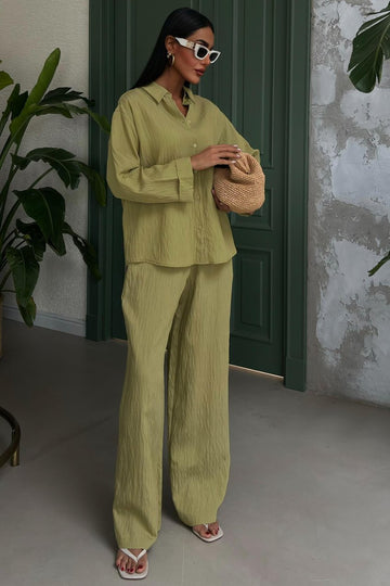 Self-Embossed Striped Two-Piece Casual Suit Green
