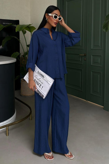 Self-Embossed Striped Two-Piece Casual Suit Blue