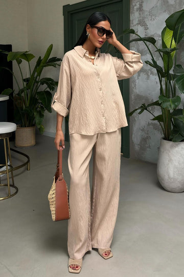 Self-Embossed Striped Two-Piece Casual Suit Beige