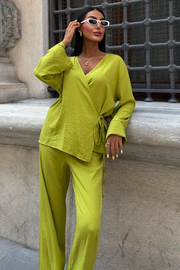 Double-Breasted Model Classic Trousers Linen Suit Green