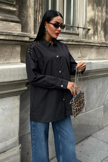 Poplin Shirt with Eyelet and Piping Detail