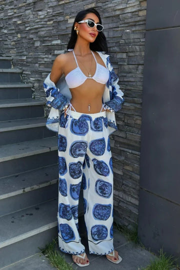 Blue Patterned Casual Satin Suit