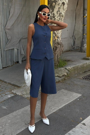 Midi Shorts and Vest Viscose Suit Blue