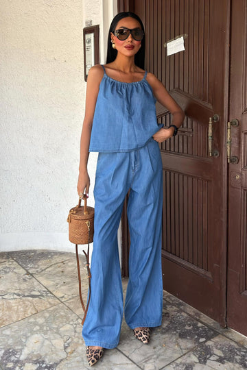 Pleated Front Suspender Tencel Suit Light Blue