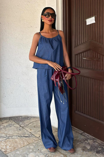 Pleated Front Suspender Tencel Suit Dark Blue