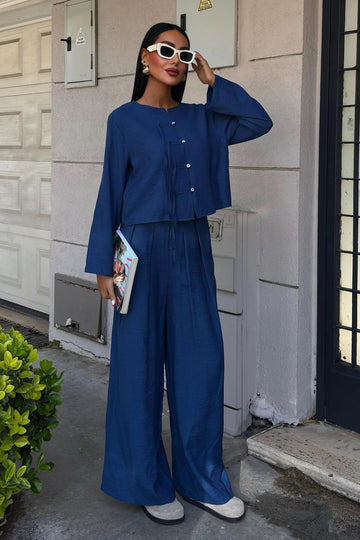 Thin Front Cord Detail and Double Leg Trouser Suit Blue