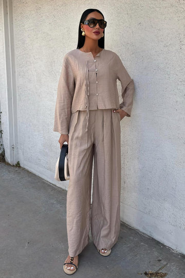 Thin Front Cord Detail and Double Leg Trouser Suit Beige
