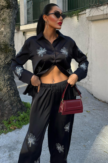 Sequined Glittery Floral Satin Two-Piece Suit Black
