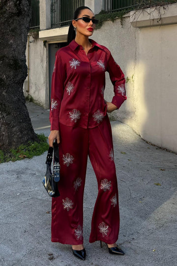 Sequined Glittery Floral Satin Two-Piece Suit Red
