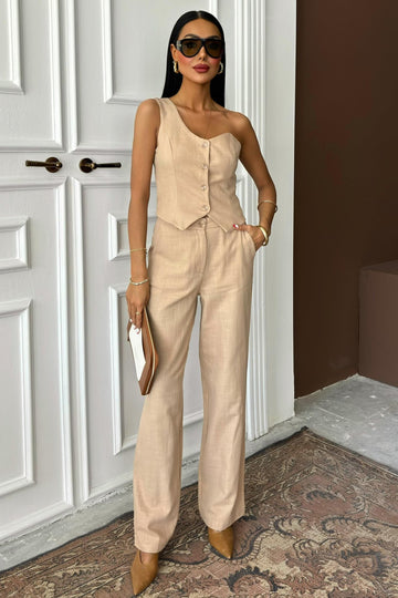 One Shoulder Bustier Plazzo Trousers Viscose Suit Beige