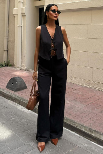 Linen Two-Piece Suit with Tied Vest Black