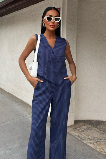 Vest Cross Detail Buttoned Pocket Vest Suit Blue