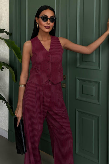 Striped Double Suit with Vest and Trousers Wine