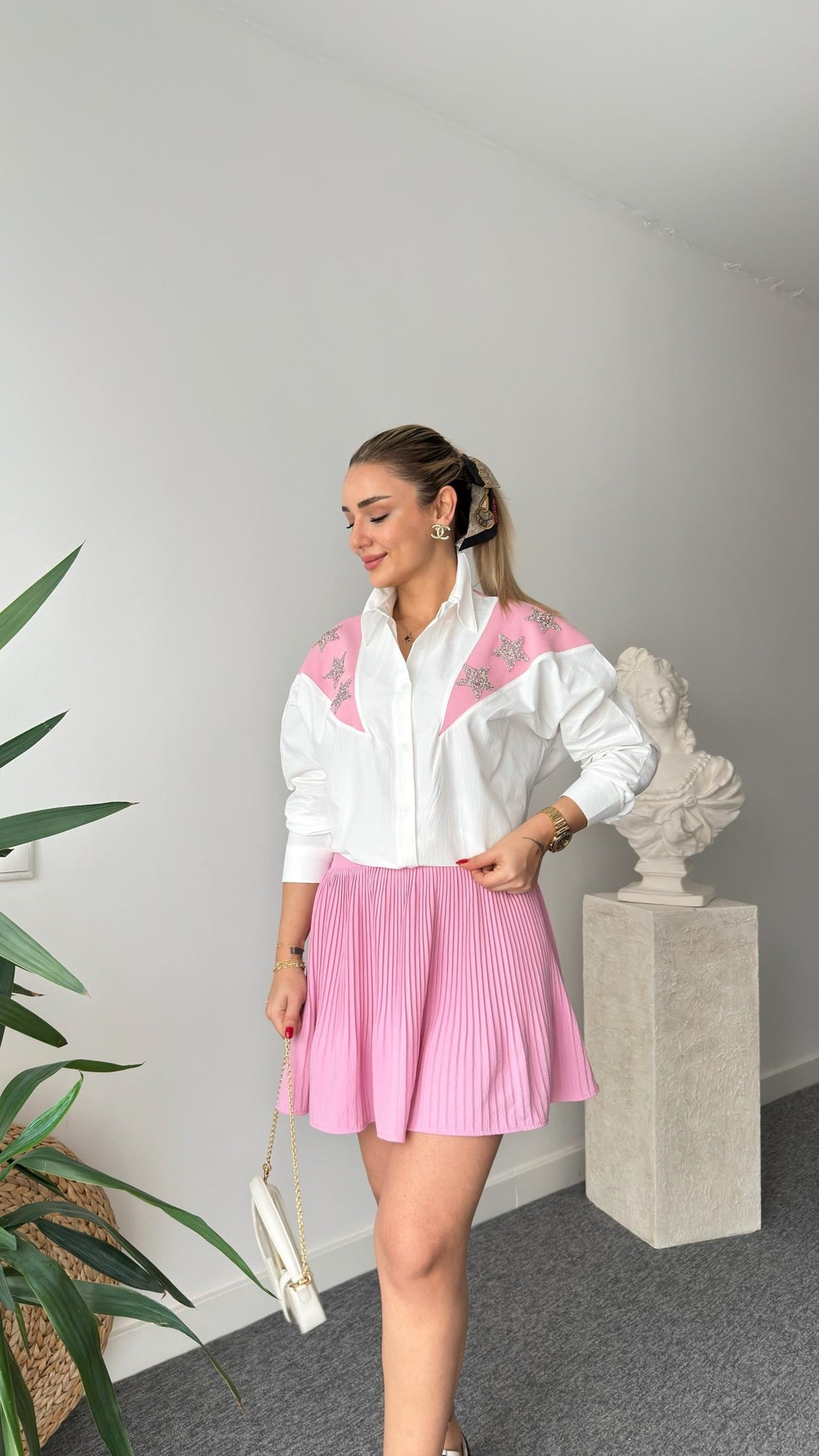 White Shirt with Pink Star Stone Detail