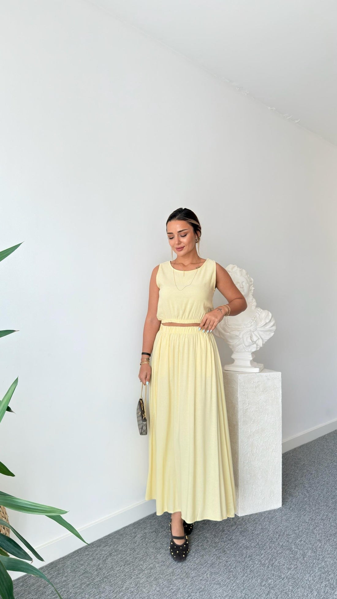 Yellow Linen Skirt Crop Suit