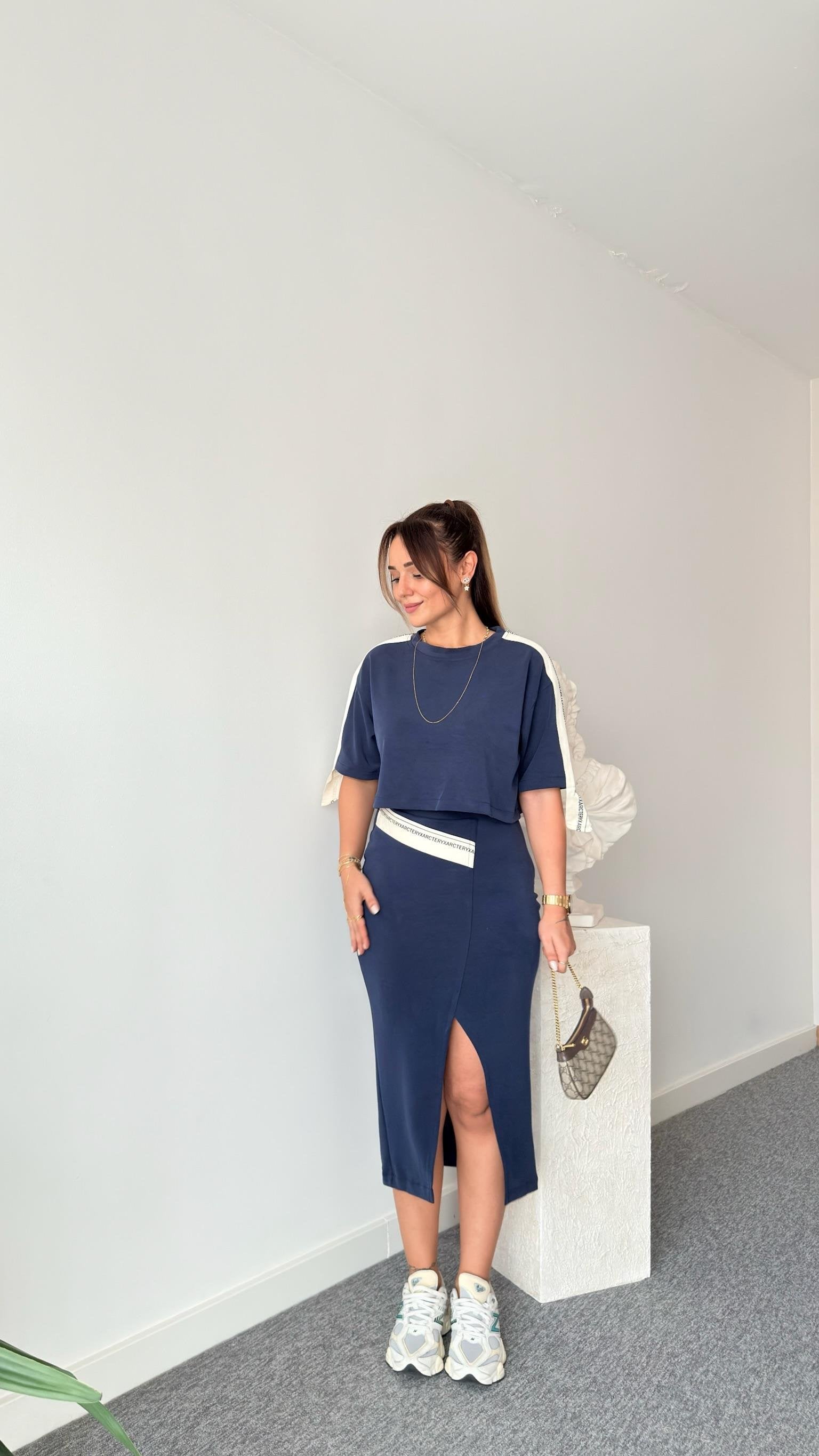 Navy Blue Chima Stripe Detailed Modal Skirt Suit