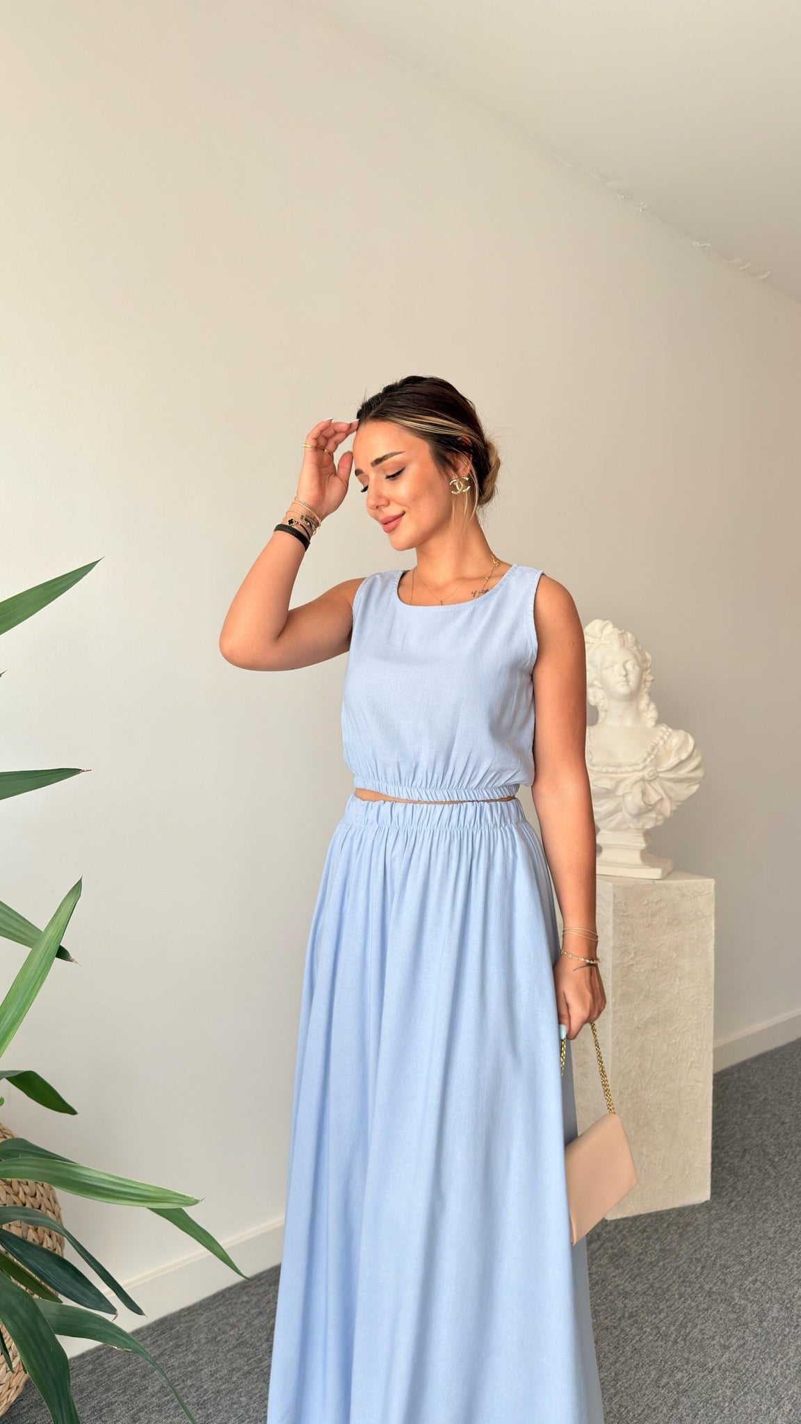 Blue Linen Skirt Crop Suit