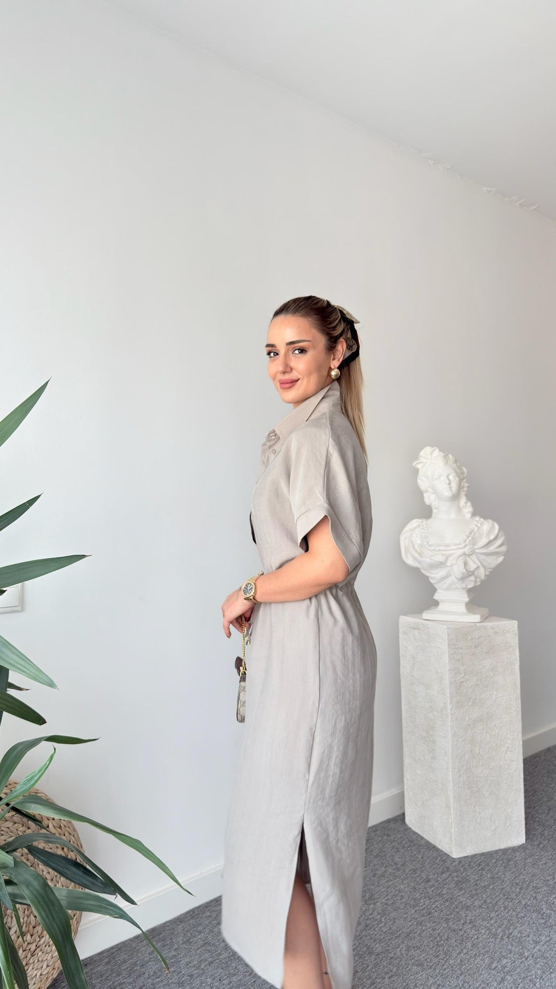 Light Khaki Toles Waist Gathered Massi Dress
