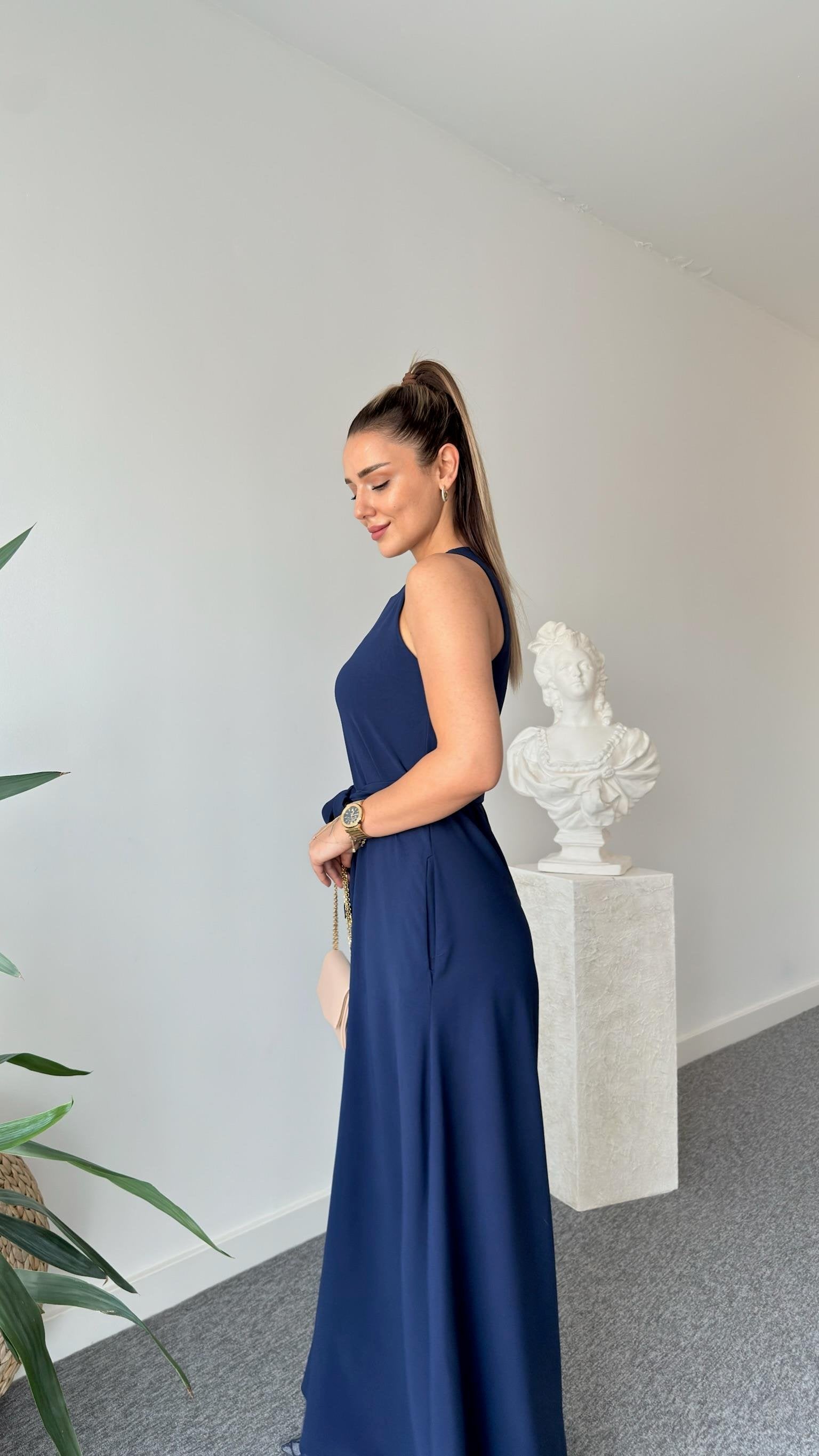 Carta Belted Navy Blue Wide Leg Jumpsuit