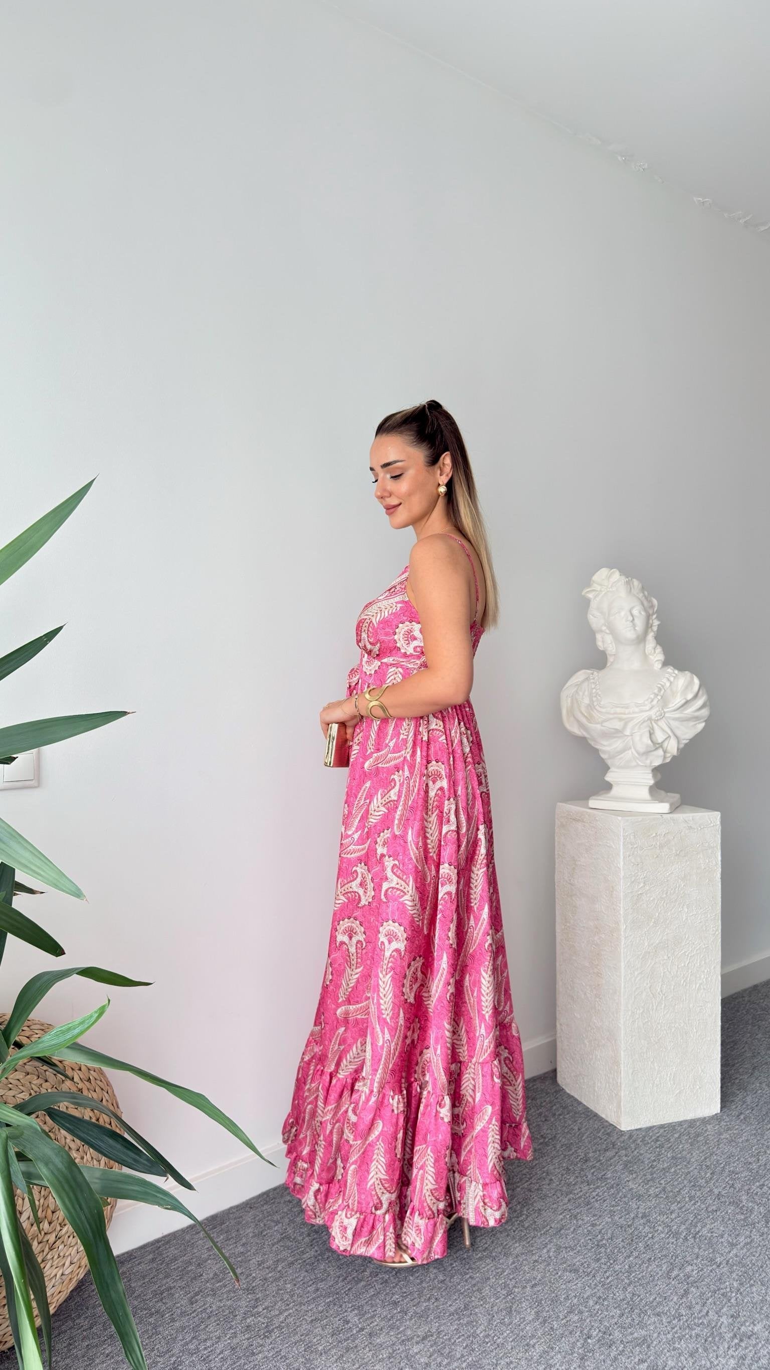 Pink Ethnic Pattern Satin Premium Dress