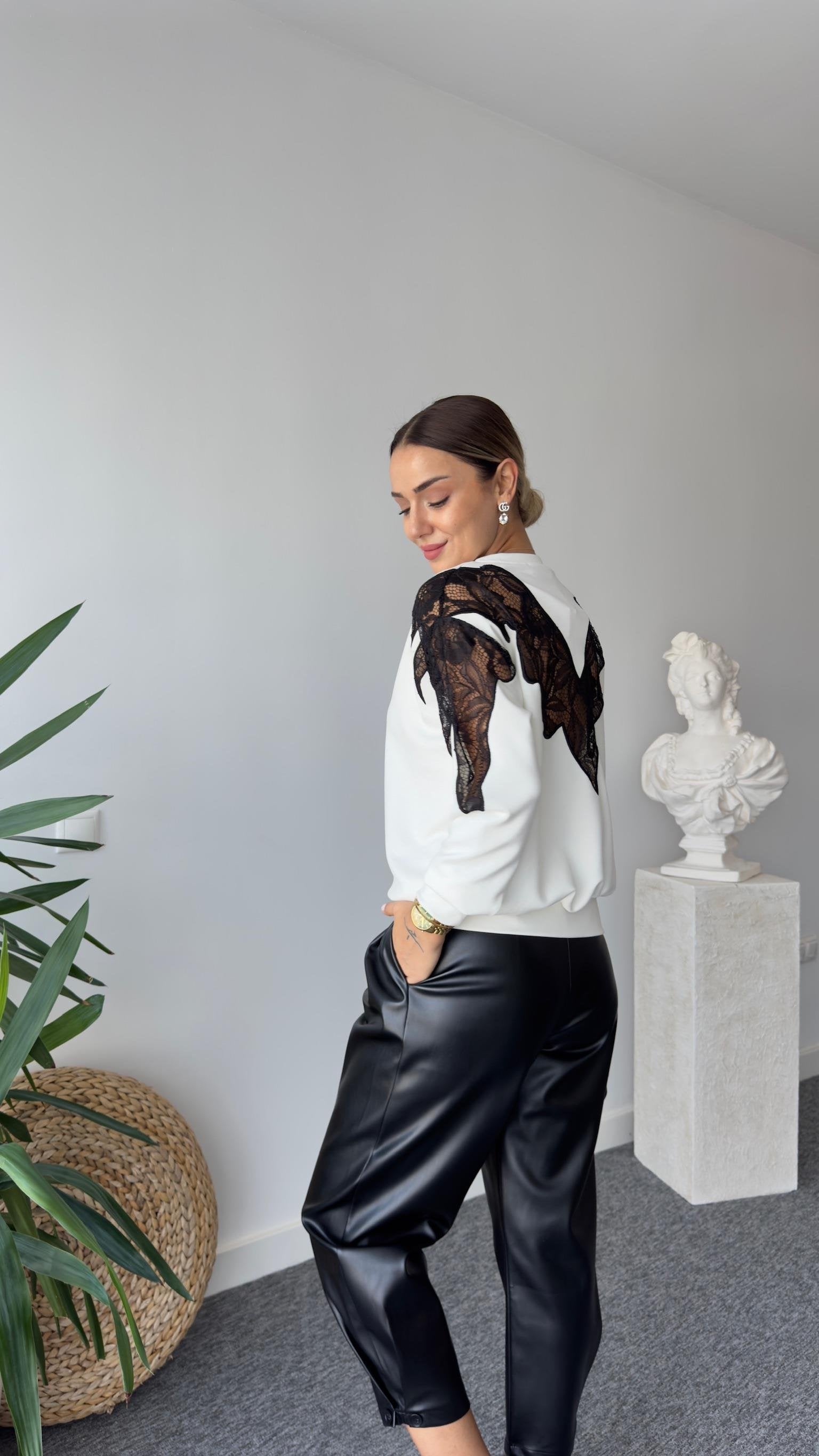 Laser Guipure Embroidered White Modal Sweater