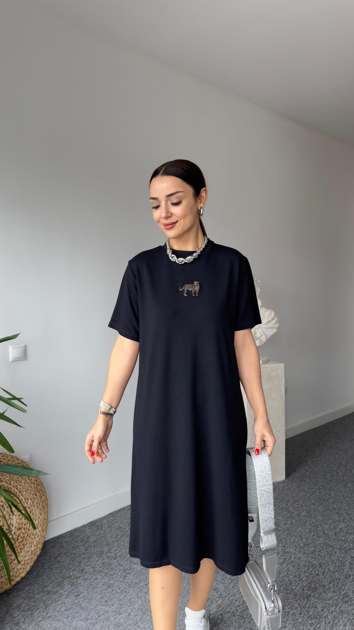 Black Tiger Embroidered Basic Dress